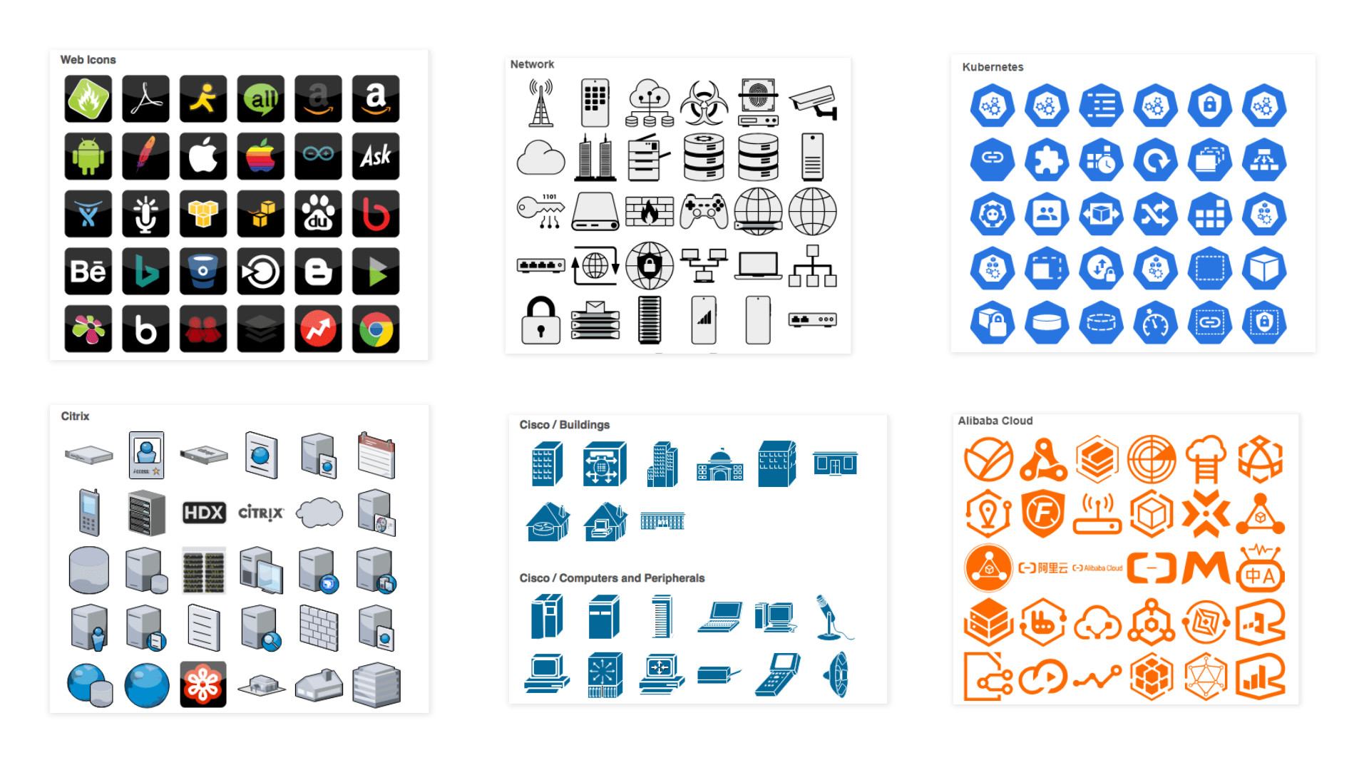 drawio-go 专业图标库面板：展示 AWS / GCP / Azure 云服务、Cisco 路由器/交换机/防火墙、UML、Kubernetes 等约 9000 个专业图标，点击查看大图